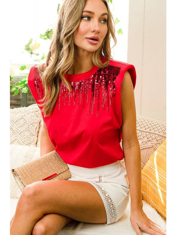 Vine & Love - Wholesale Knit Top - Women's - Shoulder Padded Sequin Detail Sleeveless Cotton Top VT8137410