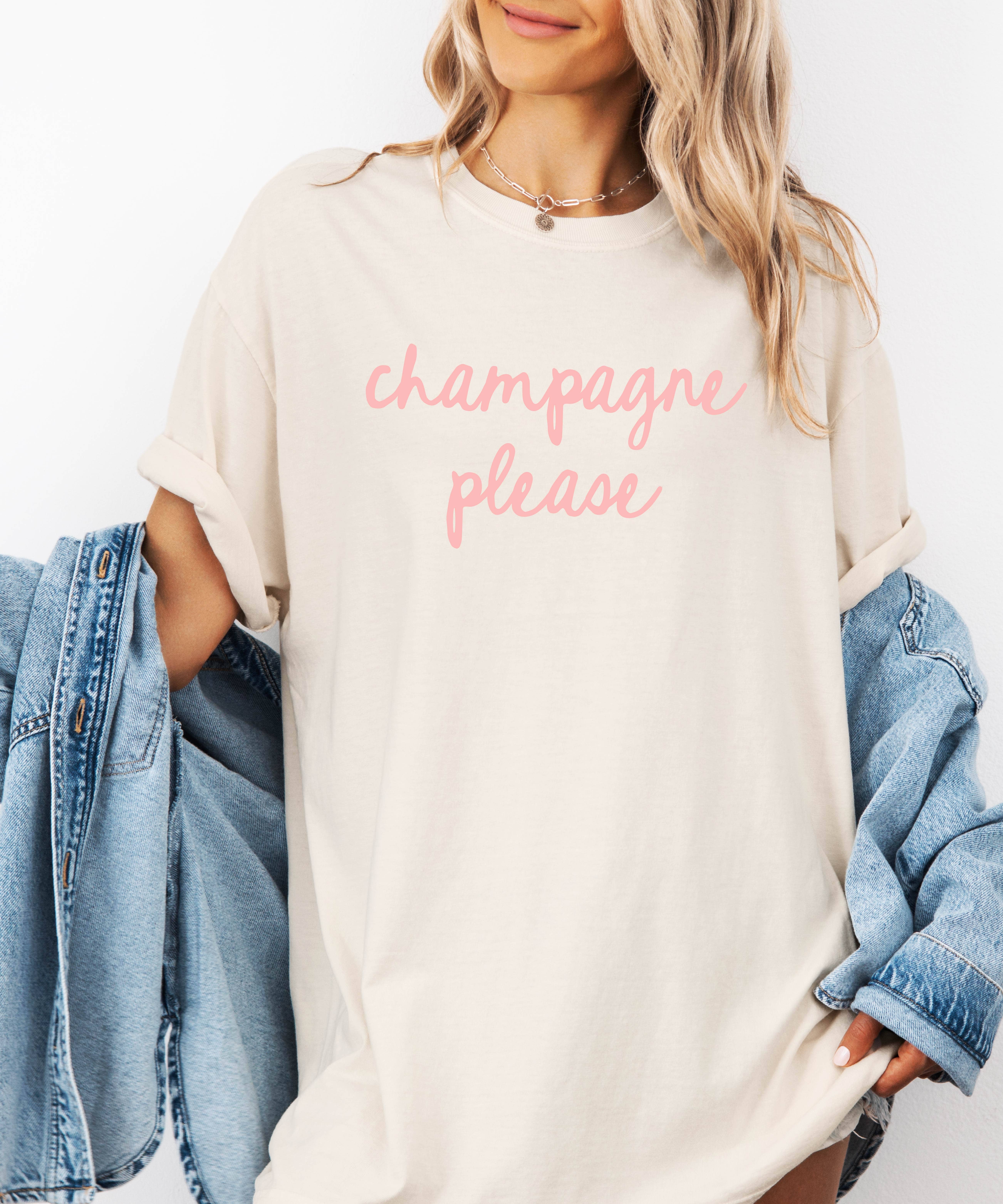 P E T I T R U E - Wholesale Screen Printed T-Shirt - Women's - Champagne Please Shirt, Cute Bachelorette Party Tee
