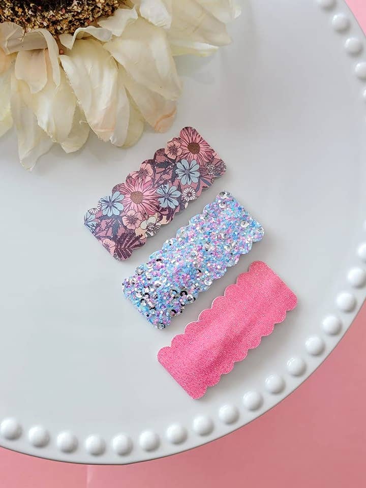 2.5" Rectangle Scallop Snap Clip 3pak-Blooming Meadow for wholesale by Dainty Delights Creations