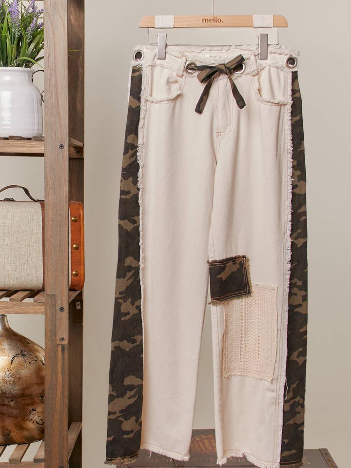 Camouflage Wide Leg Pants with Contrast Panels for wholesale by Mello.