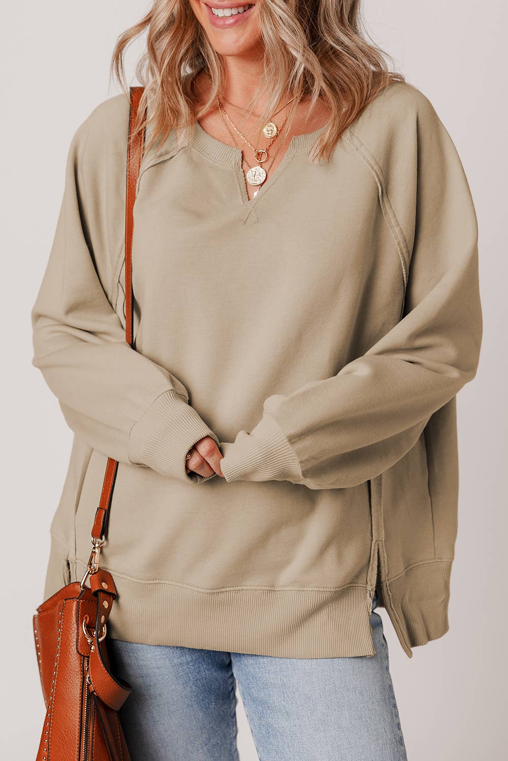 Parchment LDC Raw Edge Exposed Seam Raglan Sleeve Side Slit Sweatshirt for wholesale on Faire3