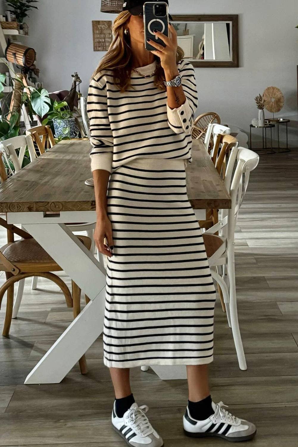 Black Stripe Ribbed Trim Button Cuff Long Sleeve Top Midi Skirt 2pcs Outfit for wholesale on Faire2