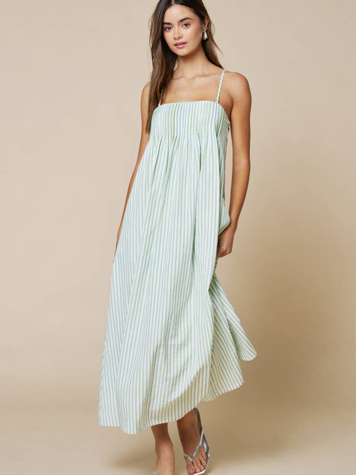 Stripe Print Pleated Spaghetti Straps Maxi Dress for wholesale by Lalavon