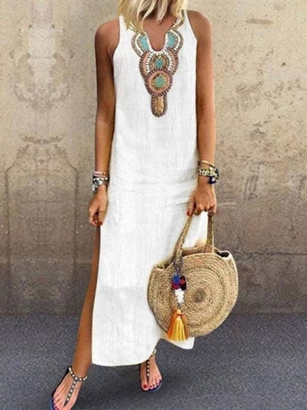 Sheer Trend - Wholesale Dress - Women's - Loose Sleeveless Embroidered Split-Side V-Neck Maxi Dresses3