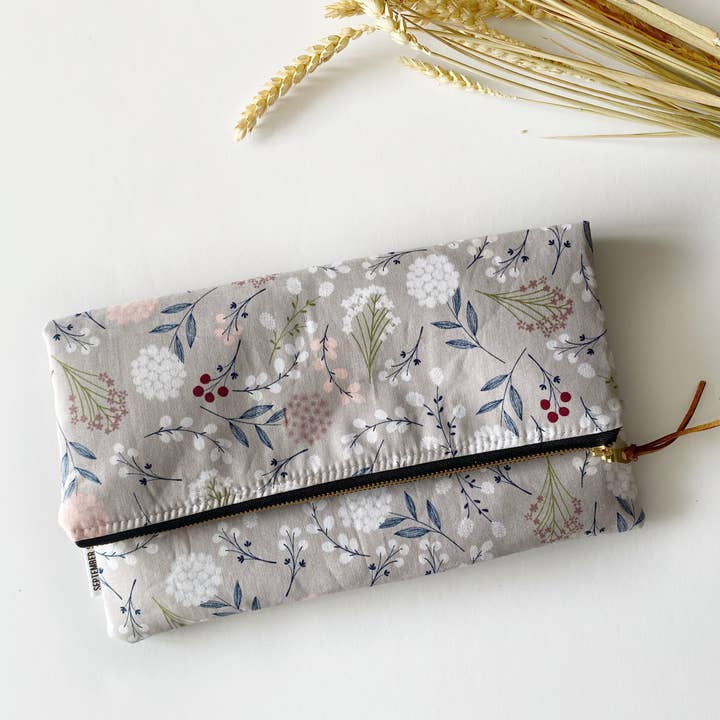 Oversized clutch bag in gray floral for wholesale by September Skye Bags & Accessories