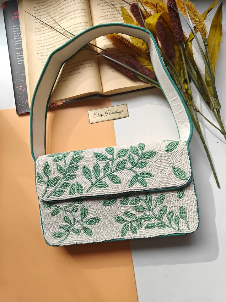 Handmade Green Leaf Beaded Shoulder Bag for wholesale by ShopHimalaya