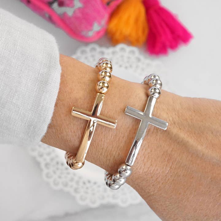 PennyLine inc - Wholesale Beaded Bracelet - Minimal Cross Ball Beads Stretchy Bracelet - Gold Silver tones