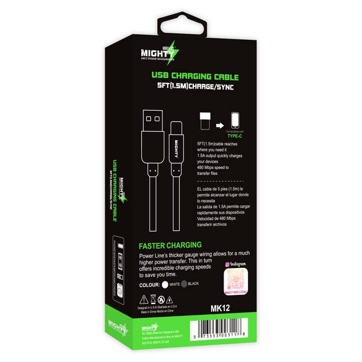 Mighty Wireless - Wholesale Charging Cable - Mighty Fast Charging 5FT Type-C Cable Black MK12