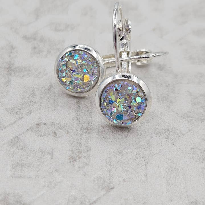 Druzy Round Dangle Earrings (Handmade 8mm)- Iridescent Ice for wholesale by The Sparkle Shop