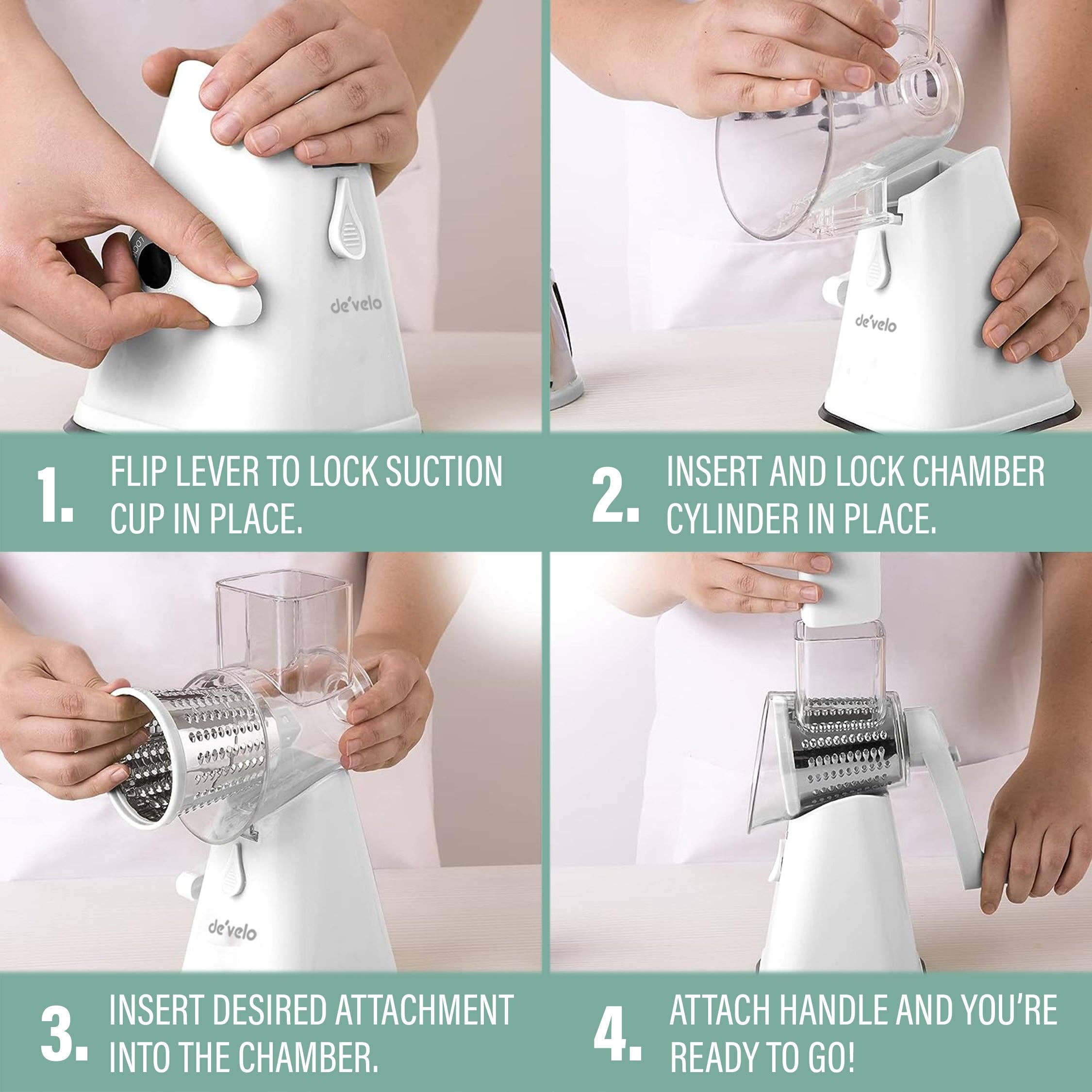 DE'VELO INC. - Vendita all'ingrosso Grattuge - Grattugia per Formaggio Rotante con Base a Ventosa e 3 Lame Intercambiabili11