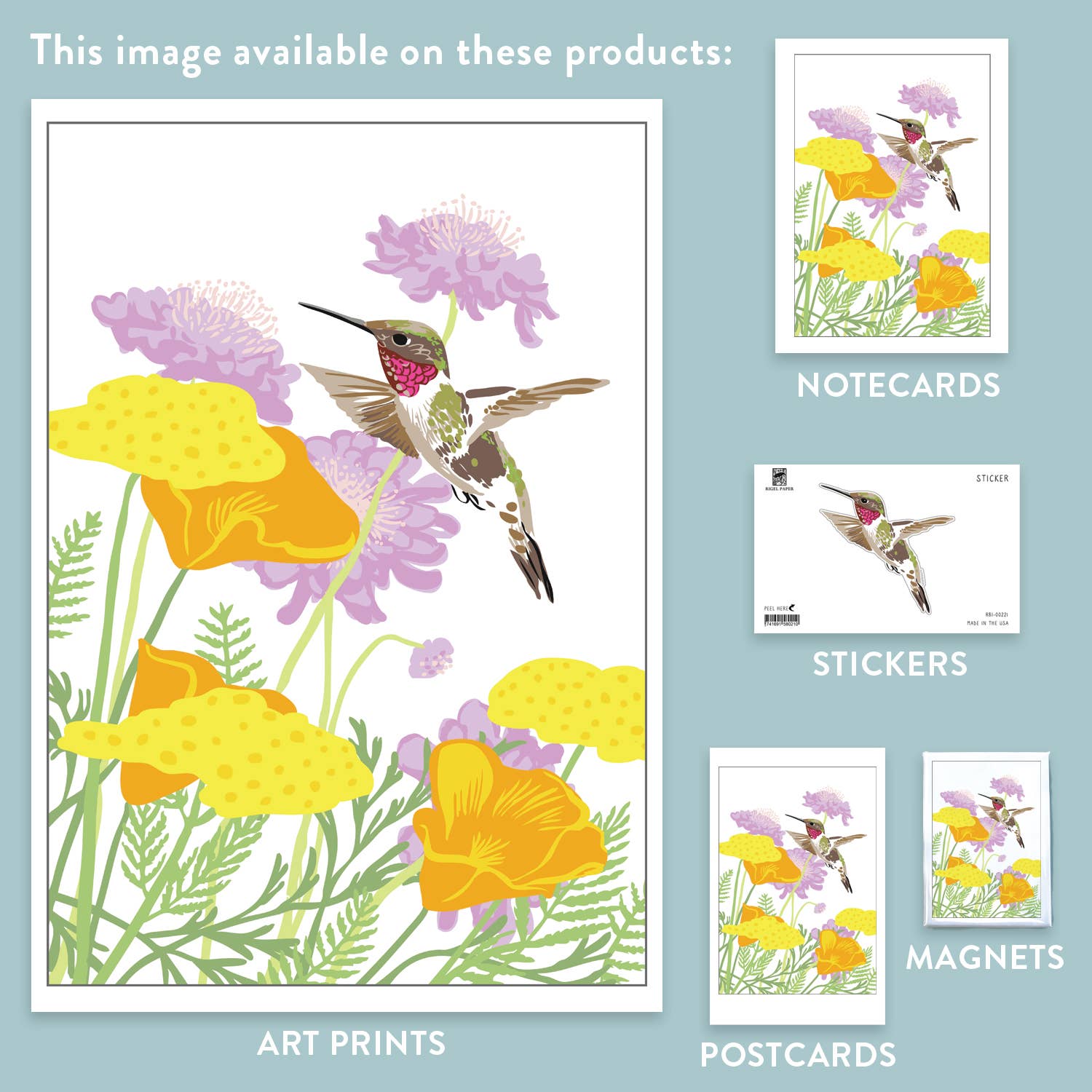 Rigel Paper - Wholesale Art Print - Cute Backyard Hummingbird & Garden Flowers Art Print3