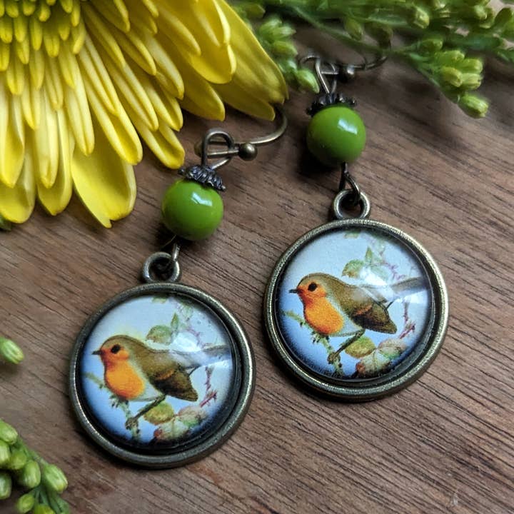 Spring Robin Bird Vintage Inspired Glass Cabochon Earrings for wholesale by The Divine Iguana