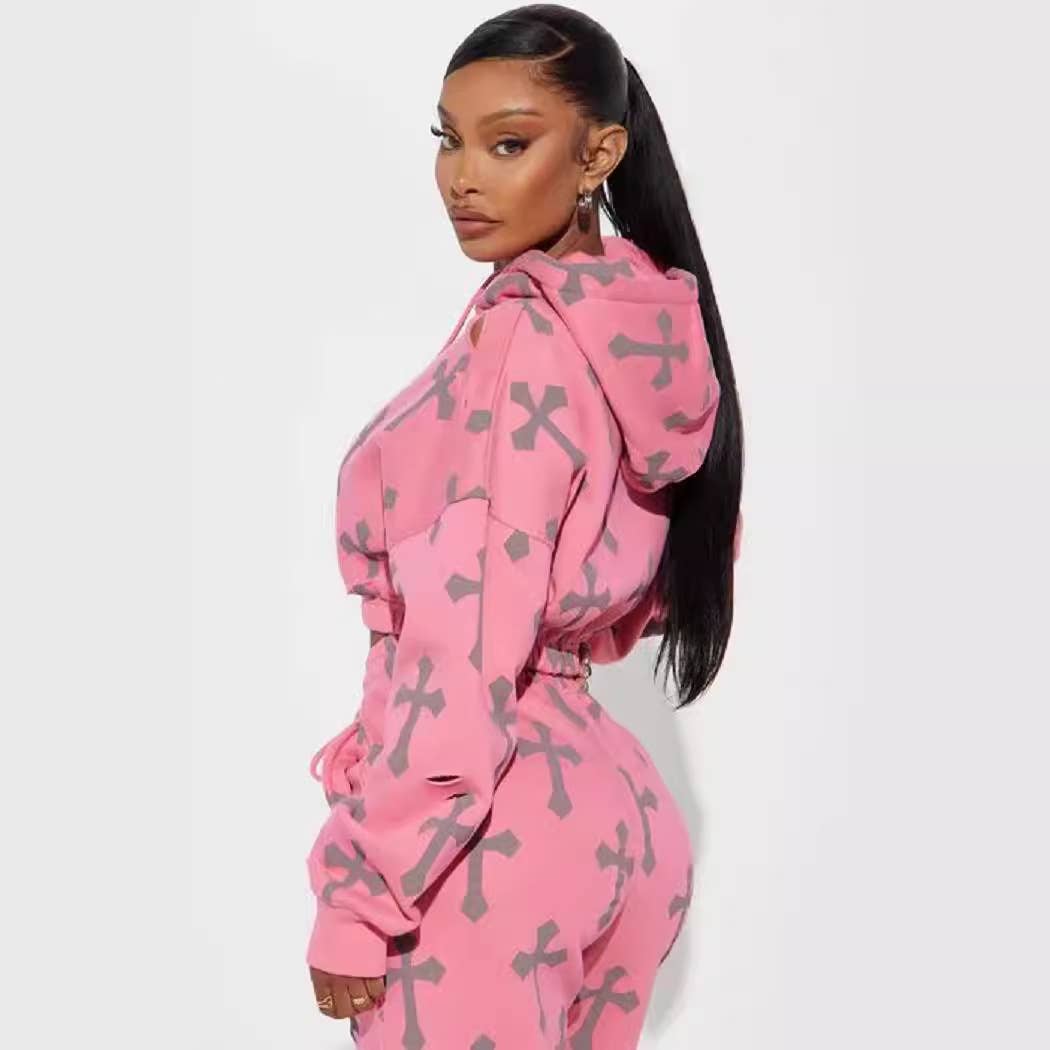 Women's Peach Pink Cross Print Sweatshirt and Pants Set for wholesale on Faire2