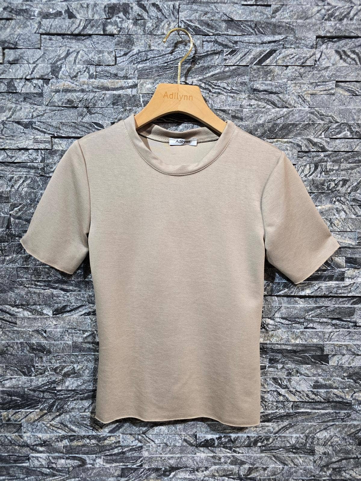 Basic plain short-sleeve T-shirt, round neck 9616 Taupe for wholesale on Faire