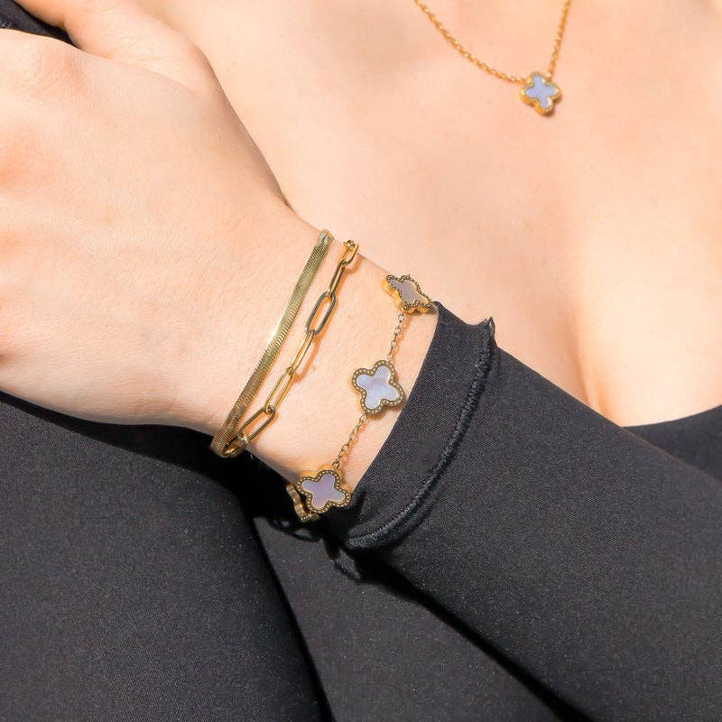 18K Gold PVD Stainless Steel Lucky Clover Charm Bracelet for wholesale on Faire12