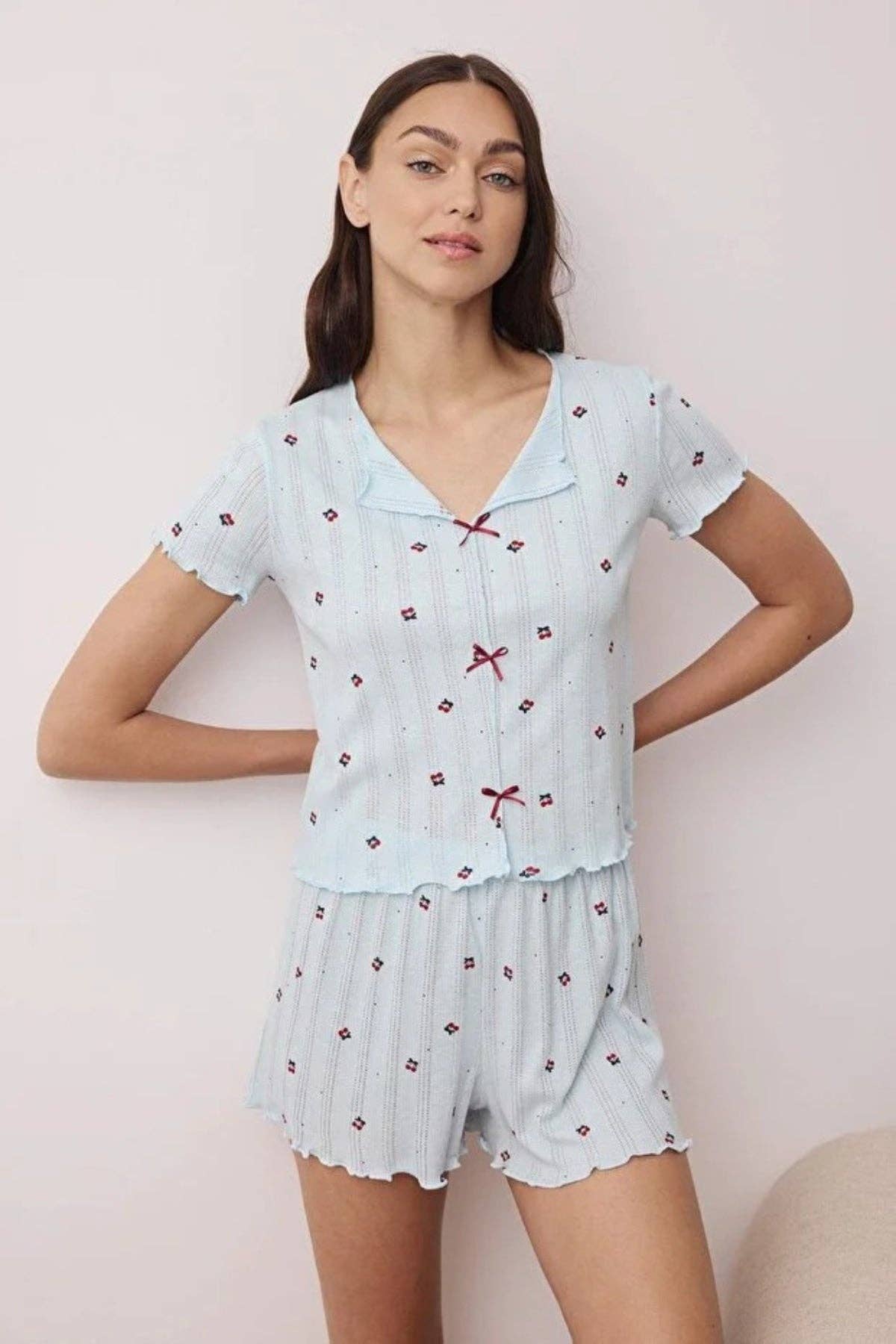 Hoxton Gal – wholesale Sleepwear set – Women's – 2 Piece Ribbon/Bow Detail Ribbed Knit Pajama Set with Shorts1
