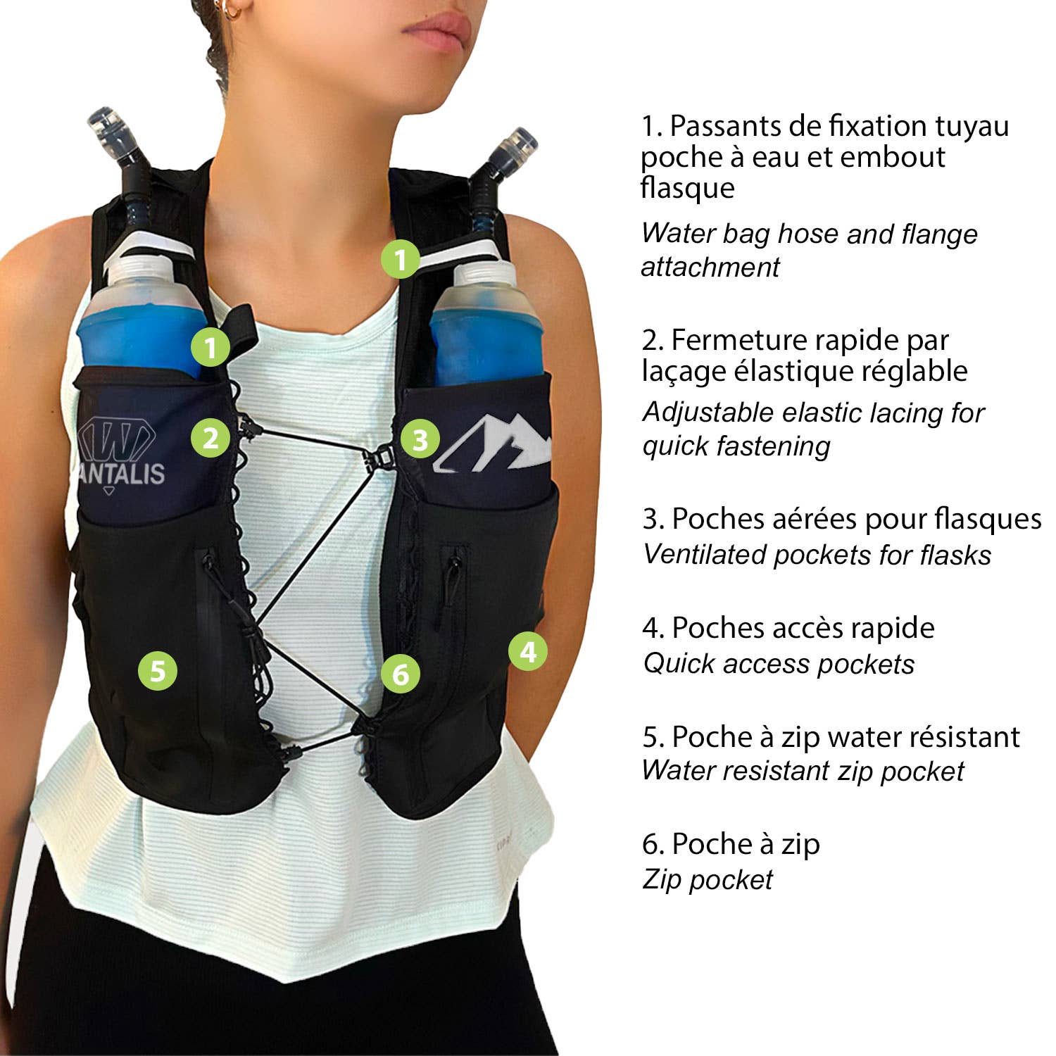 Wantalis Sport - Wholesale Belt Bag - Unisex - Trail Running Hydration Vest 9 Pockets 2 Flasks 3D Mesh0