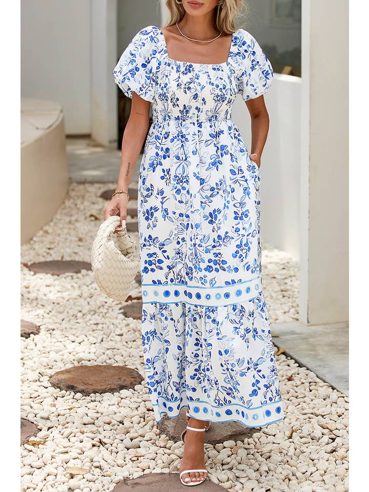 Sky Blue LDC Floral Print Square Neck Bubble Sleeve High Waist Dress for wholesale on Faire