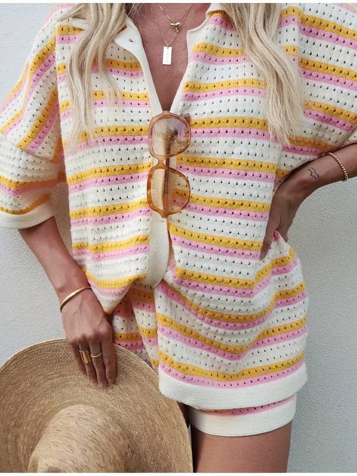 Yellow Woolen Colorblocked Lapel Stripe Short Sleeve Shorts Set for wholesale on Faire