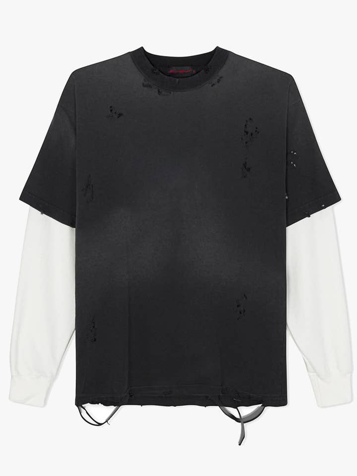 Vasket sort distressed langærmet T-shirt for engroshandel hos FUNERAL APPAREL