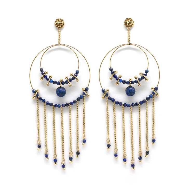 Unique Double Hoop Lapis Stone Metal Fringe Dangle Earrings -French Flair Collection- E4-158 for wholesale by LIZOU