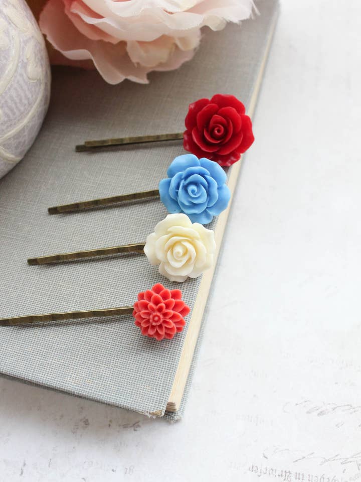 Flower Bobby Pins | Red and Blue Roses | set of 4 Hair Pins for wholesale by A Pocket of Posies