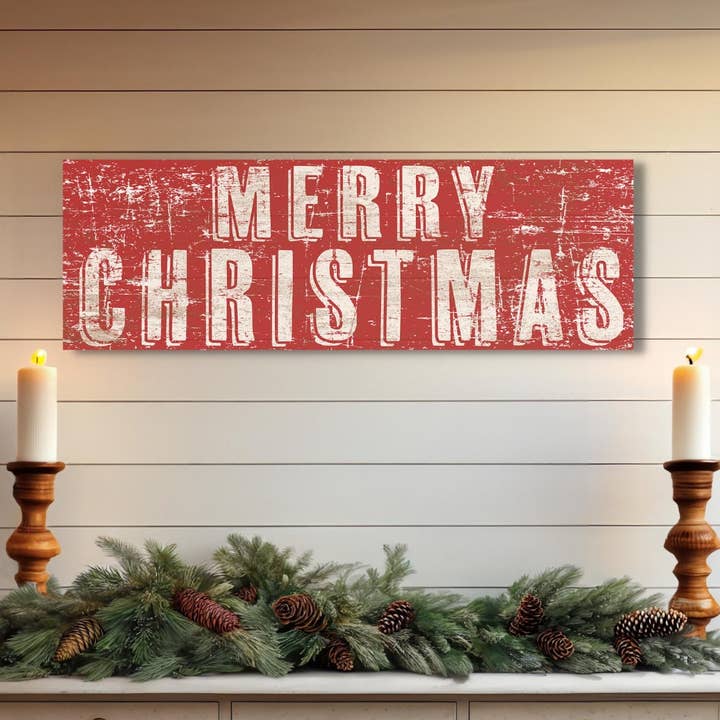 Vintage Merry Christmas Distressed Canvas Wall Art for wholesale by Olive Branch Farmhouse
