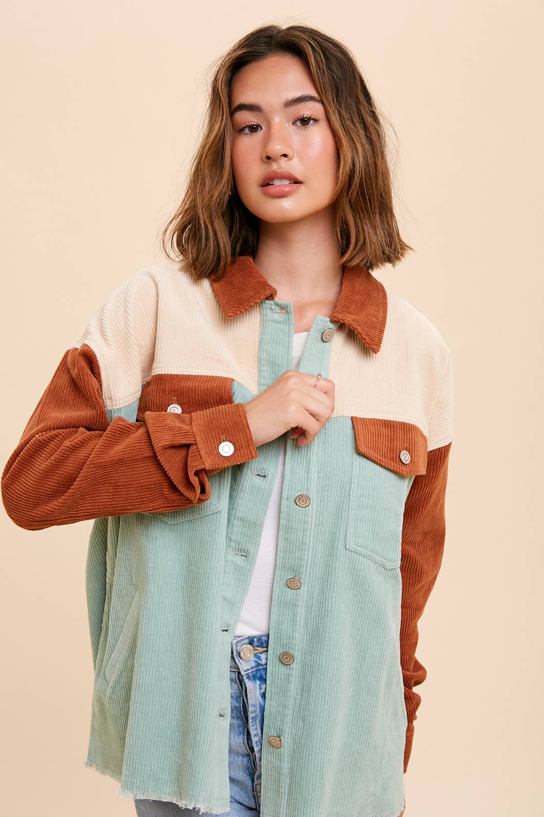SAGE RUST COLOR BLOCK CORDUROY SHACKET for wholesale on Faire1