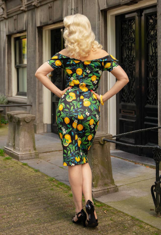 Dolly & Dotty - Wholesale Dress - Women's - Monroe Off-the-Shoulder Pencil Dress in Black Lemon Print7
