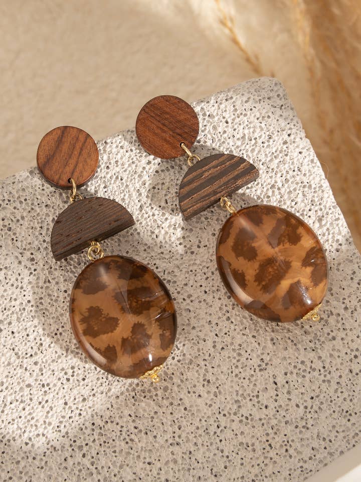 Leopard resin natural wood earrings chic woman for wholesale by COSMOS