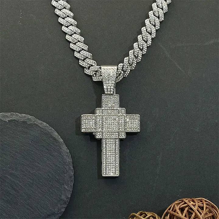 Hip Hop Zircon Cross Cuban Chain Pendant Necklace for wholesale by GemMeet