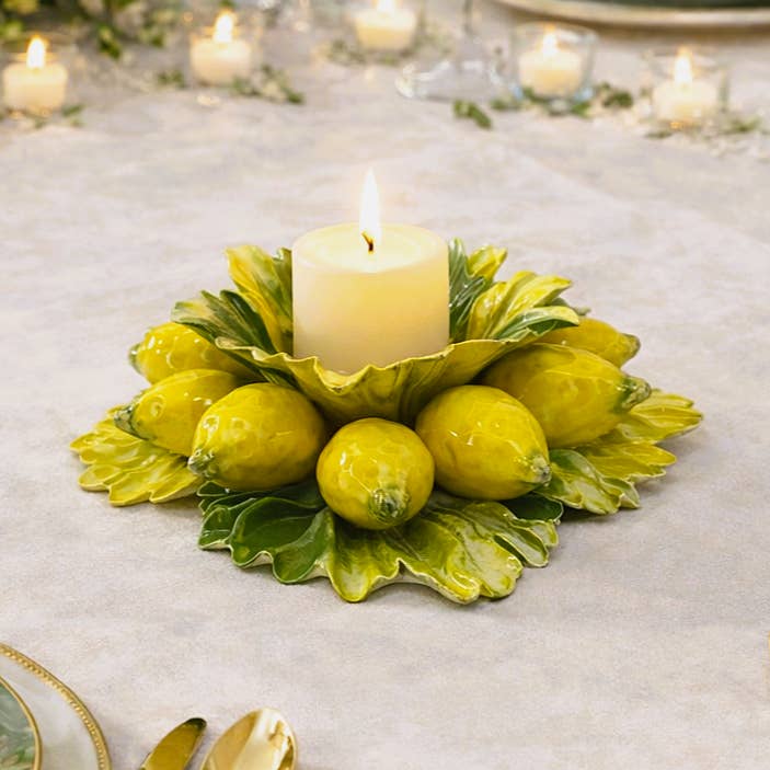 Italian Ceramic Lemon Candle Holder 15cm per la vendita all'ingrosso da parte di LUEM ART ceramiche e porcellane di Capodimonte Made In Italy