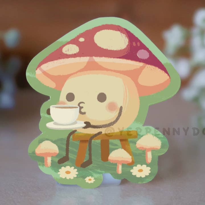 Coffee Sipping Mushroom - Sticker for wholesale by Yeppenny Doodles LLC