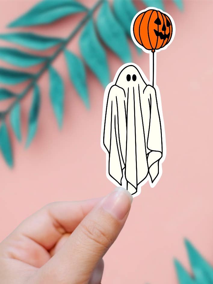Ghost Holding Pumpkin Balloon Halloween Sticker for wholesale by EnchantingSunshine