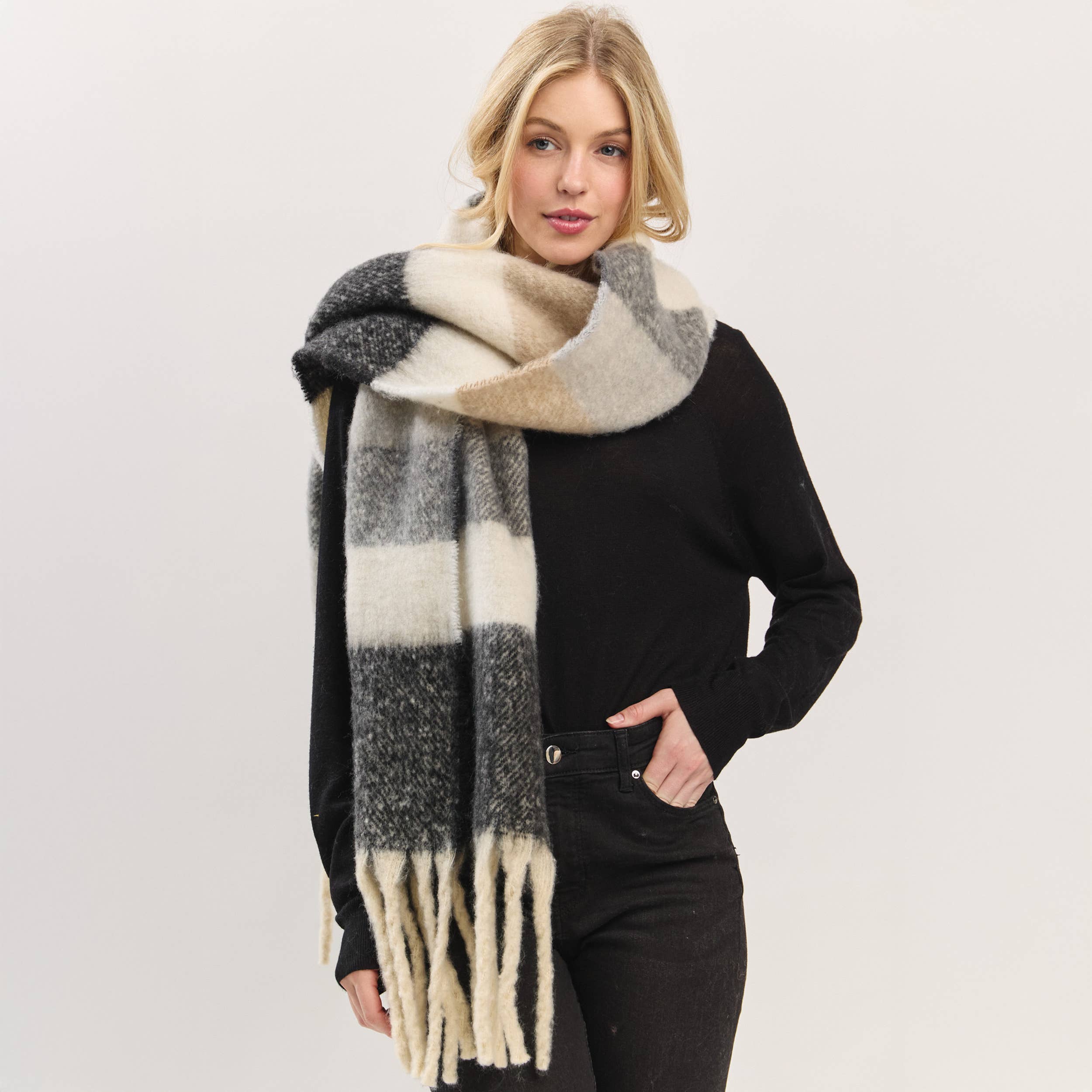 Hana - Wholesale Scarf - Women's - Multi Color Striped Brushed Fringed Winter Scarf5