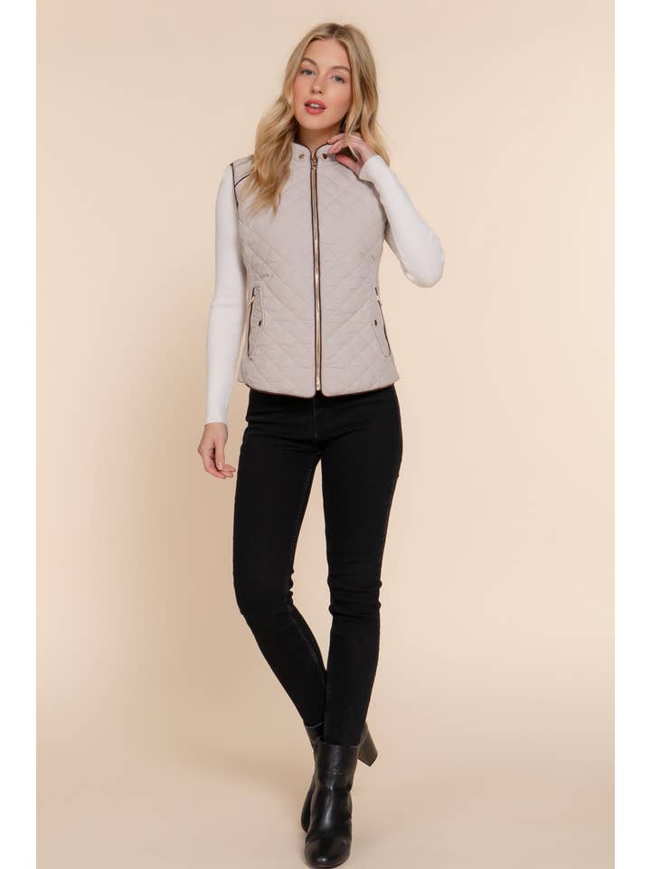 Active Basic | Active USA - Wholesale Outerwear Vest - Women's - Suede Piping Detail Rib Quilted Padding Vest