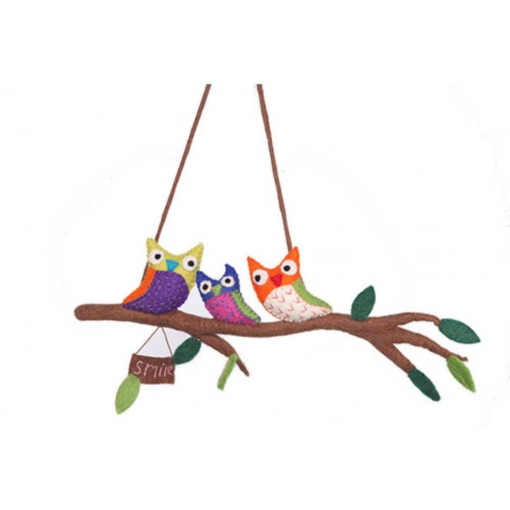 Assorted colors Felted Three Owls in Branch Wall Hanging for wholesale on Faire