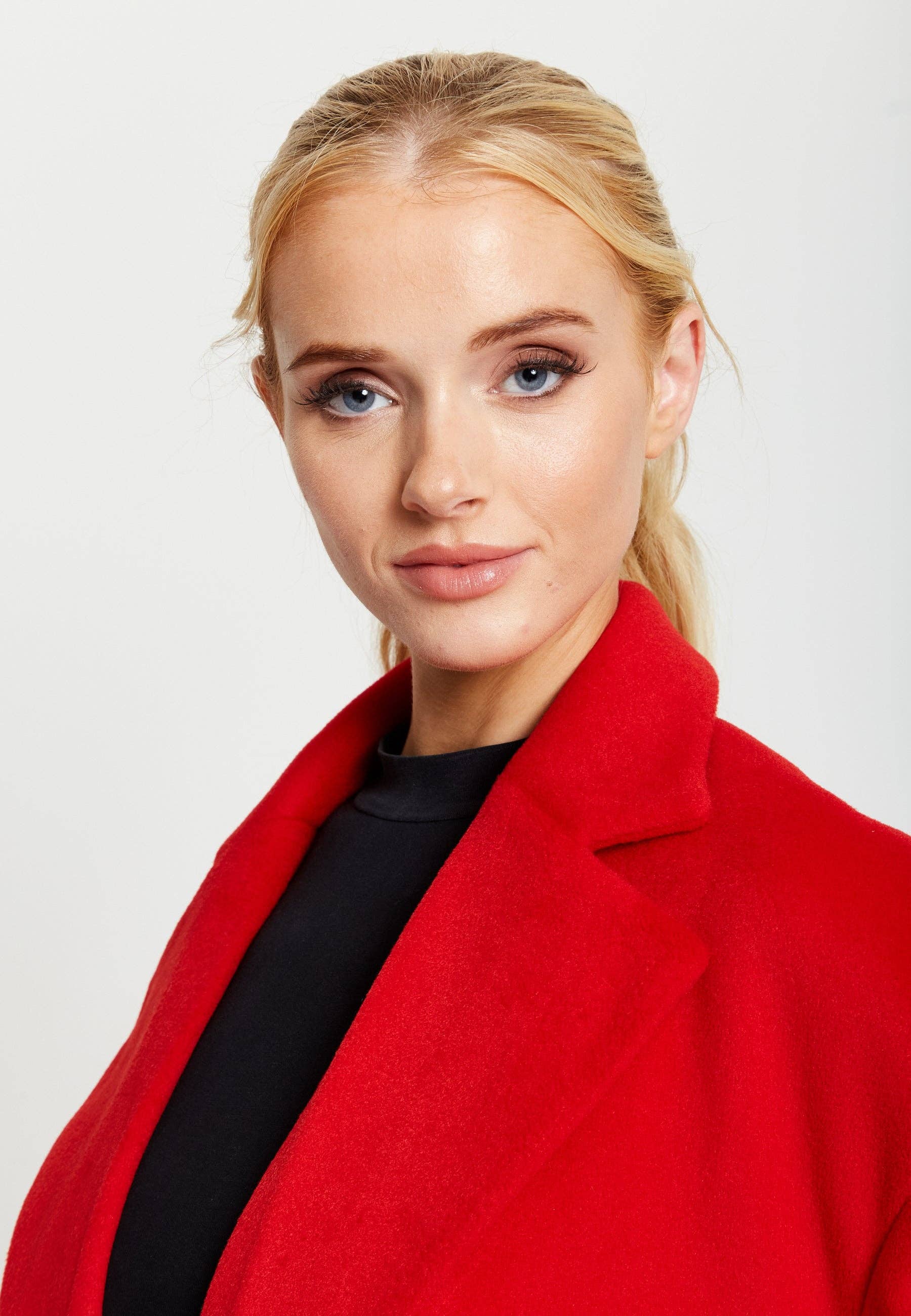 Liquorish Belted Longline Coat In Red for wholesale on Faire11