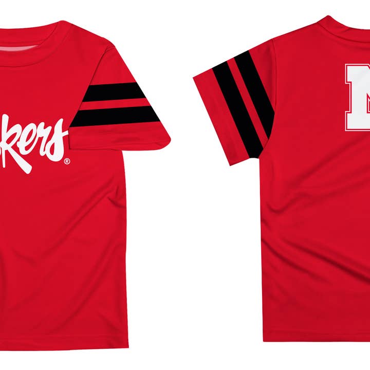 Vive La Fete - Wholesale Screen Printed T-Shirt - Kids - University of Nebraska Huskers Red T-shirt Stripes Sleeves2