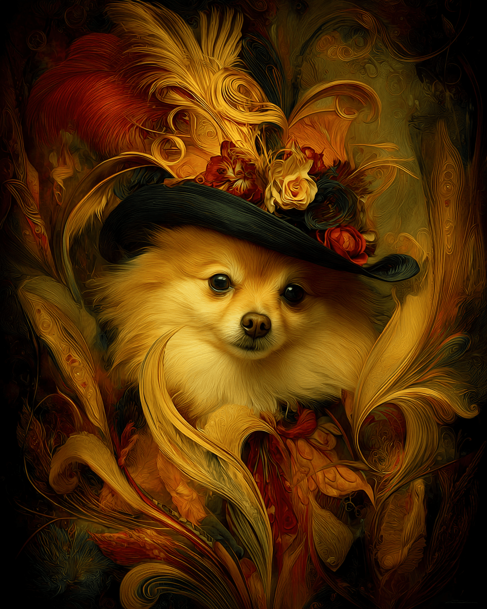 Mowbi - Vendita all'ingrosso Stampa artistica - Stampa d'Arte di un Volpino di Pomerania con Cappello - Opera d'Arte 8"x10"0