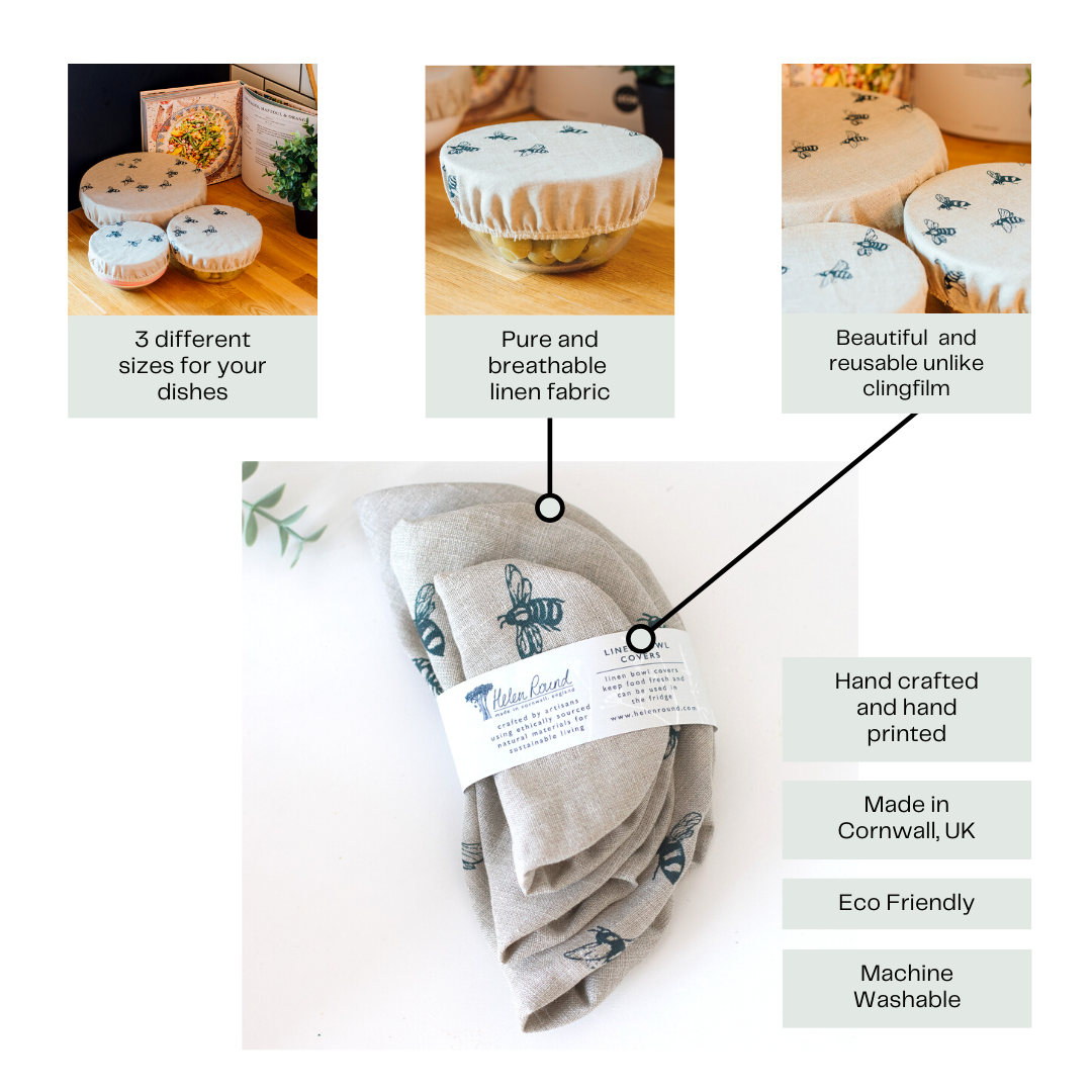 Helen Round - hand printed linen and bamboo wellness – wholesale Food storage wrap/bag – Reusable Linen Bowl Covers With Hand Printed Bee Design6