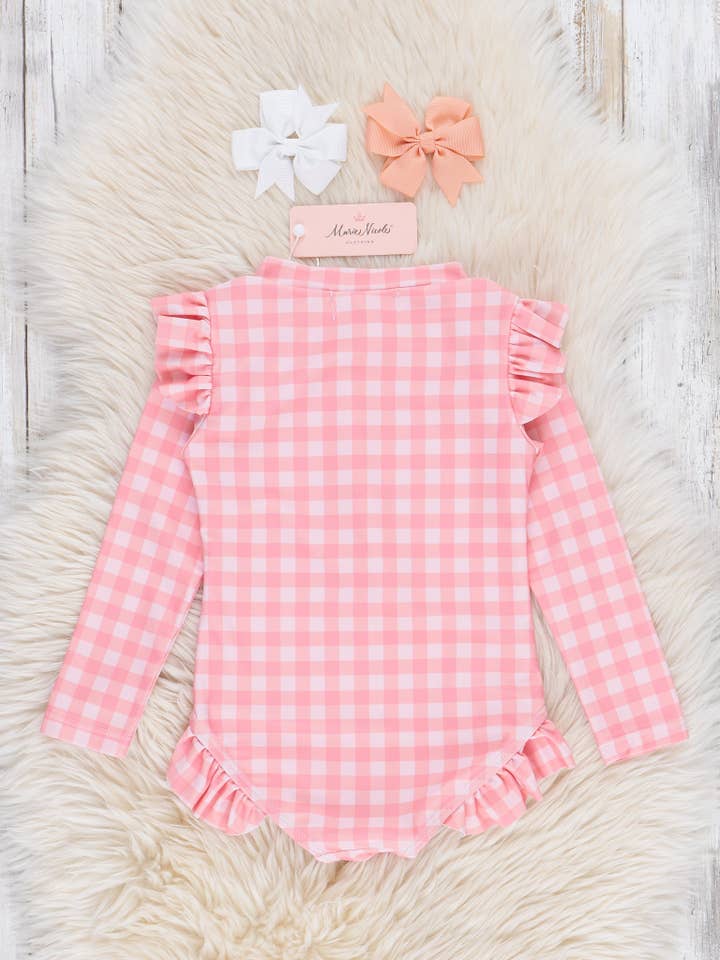 Marie Nicole Clothing - Wholesale One Piece Swimsuit - Kids - Gingham Zipper Rash Guard Swimsuit - Coral1