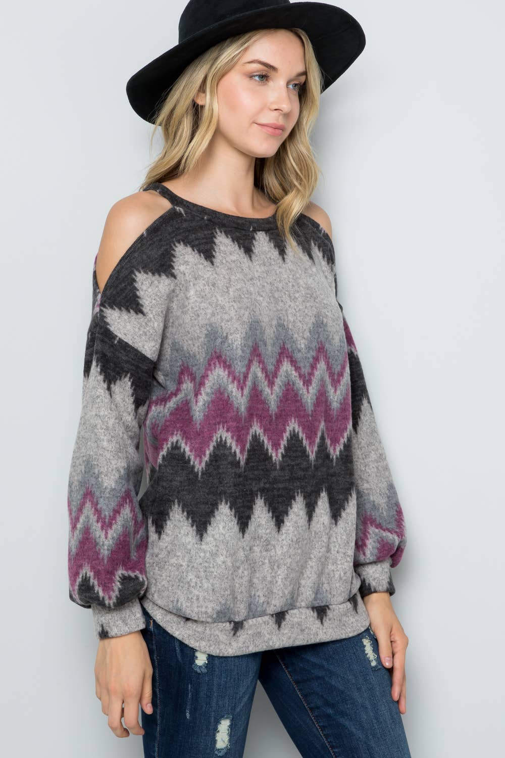 Charcoal Purple OPEN SHOULDER LONG SLEEVE TOP -CT43644E for wholesale on Faire8