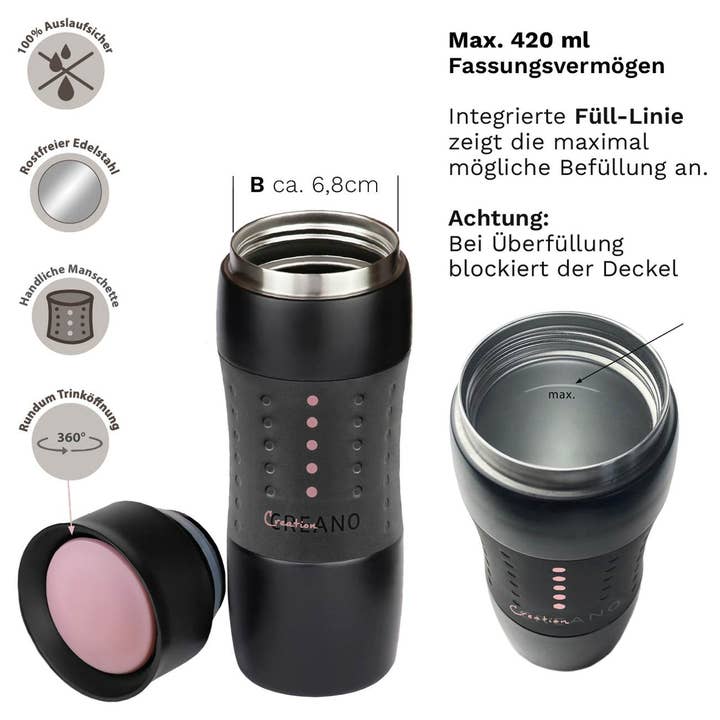 Creano - Wholesale Insulated Mug/Tumbler - Creano Design Travel Mug 420 ml, Coffee to Go Cup Pink