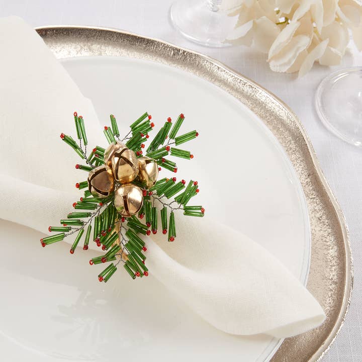 Fennco Styles - Wholesale Napkin ring - Red and Green Beaded Snowflake and Bells Napkin Ring