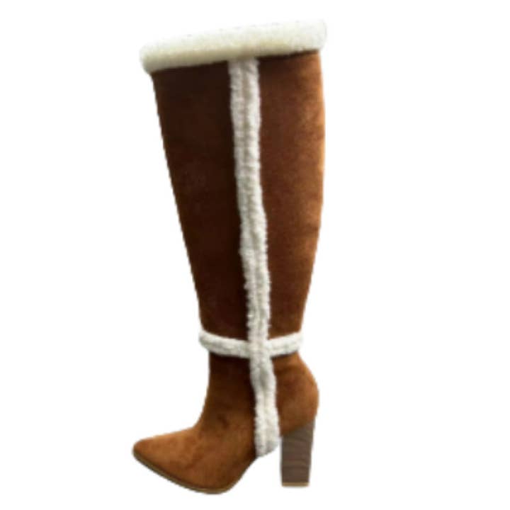 Lamb Fur Snow Boots Women Brown Suede Knight Boots Thick Heel Pointed below the Knee Long Boots High for wholesale on Faire