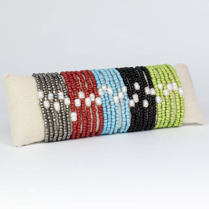 Bali Glass Beads w/ a Freshwater Pearl Elastic Bracelet for wholesale by Pink House Imports