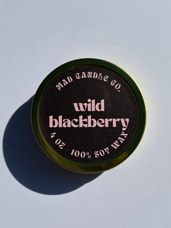 Wild Blackberry Soy Candle - 4 oz Gold Tin & Wood Wick for wholesale by Mad Candle Co.