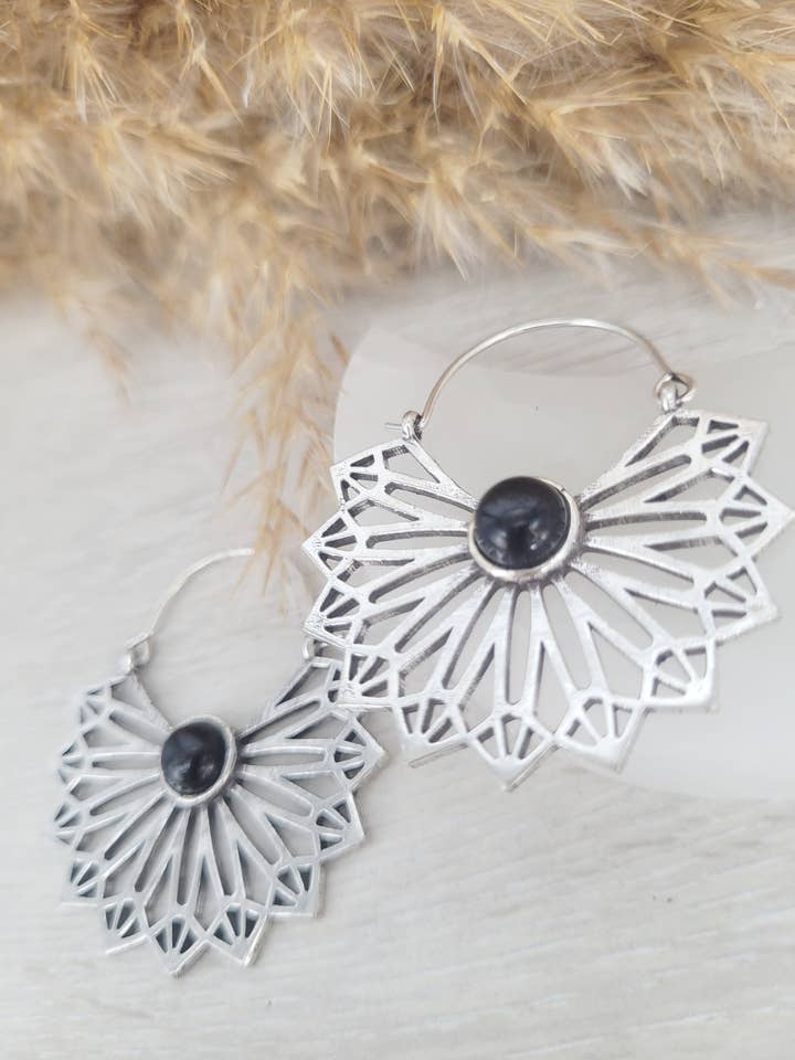 Silver Geometric Black Tourmaline Ethnic Earrings for wholesale by Laboheme
