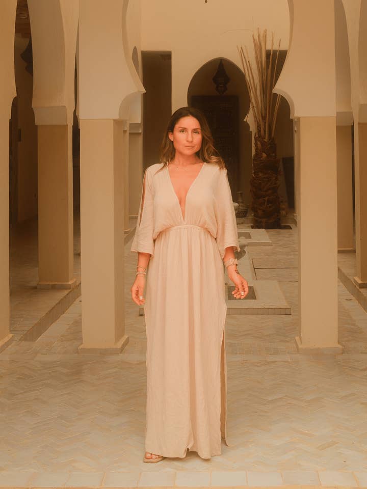 Dress BeigeBeige Maxi Dress Women – Deep V-Neck, Side Slits, Elastic Waist – Perfect for Weddings, Beach, & Summer Events for wholesale by Mayense